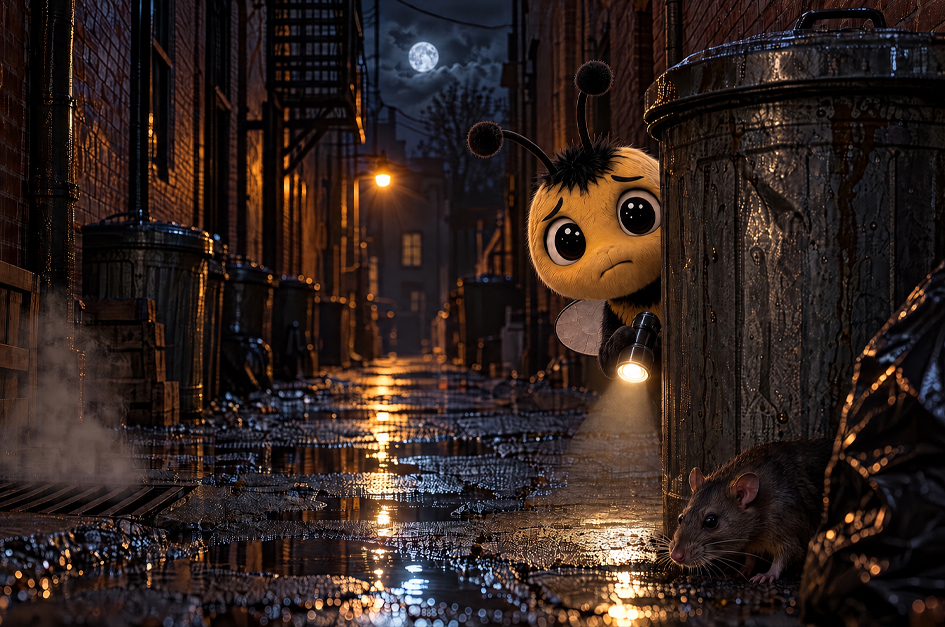 Bobby BEE shines a flashlight toward a rat in a spooky, rain-soaked city alley on Halloween
