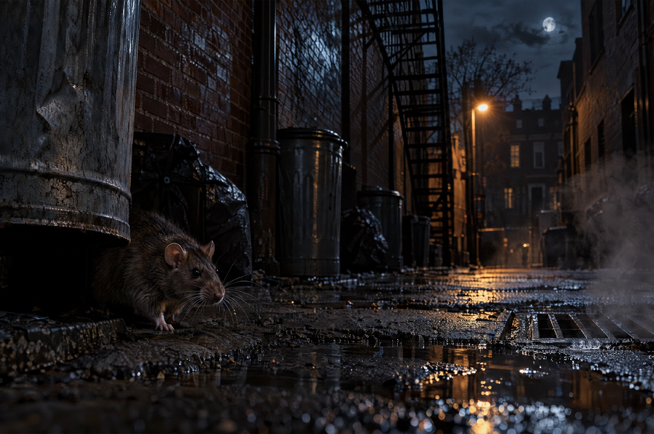 A brown rat emerging from the shadows beside garbage cans in a wet Philadelphia-style alley at night