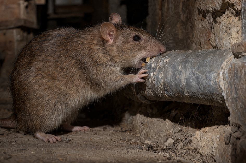 Extreme close-up of a brown rat gnawing at an old metal pipe inside a building