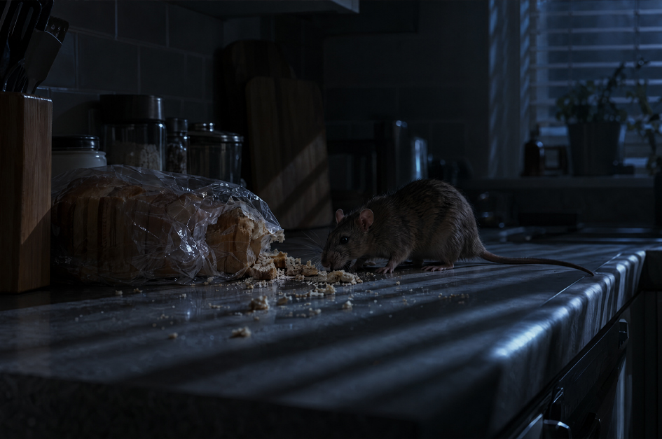 Brown rat on a dark kitchen counter at night beside torn bread packaging and crumbs