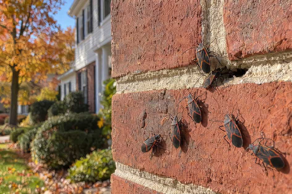 Boxelder bugs gathering on a red-brick wall on a sunny autumn day