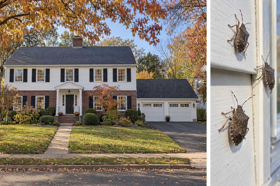 Brown marmorated stink bugs gathering on the white siding of a Pennsylvania home in autumn
