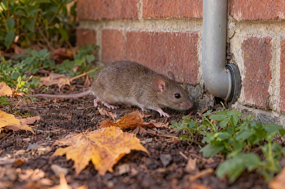 Mouse beside a brick foundation and utility pipe in October leaf litter